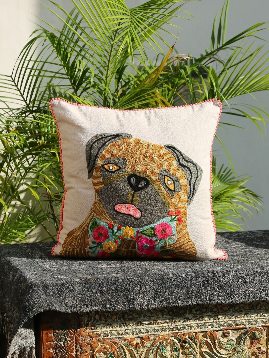 Revive Home White & Brown Dog Embroidered Cotton Square Cushion Cover