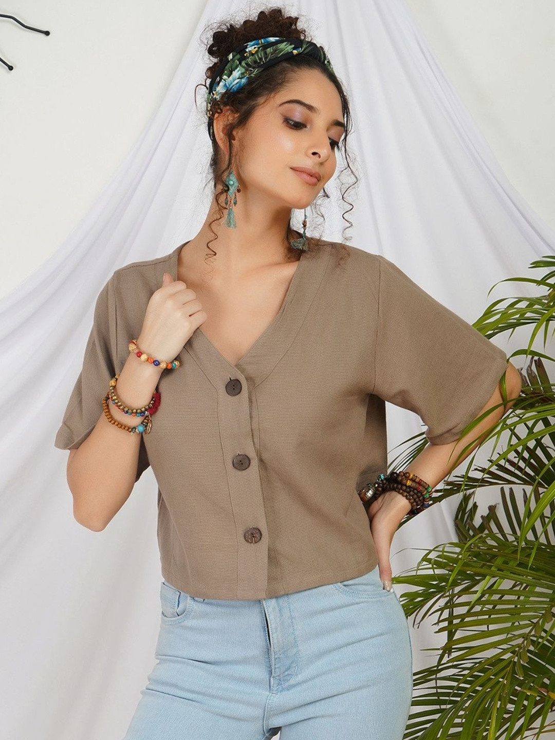 Boholyfe Solid V-Neck Organic Cotton Earthy Regular Short Sleeves Crop Top