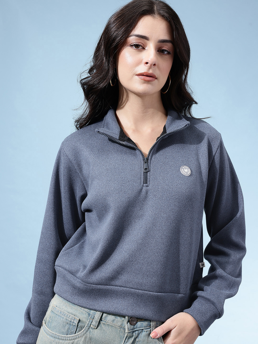 glitchez Mock Collar Half Zip Crop Sweatshirt