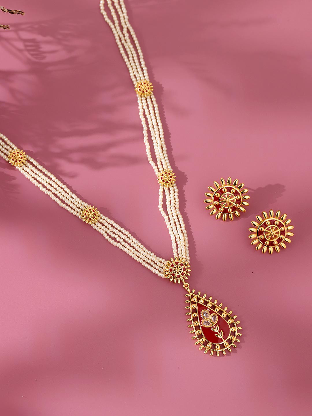 Voylla Gold-Plated AD-Stone Studded & Pearls Beaded Gota Patti Surya Moti Jewellery Set