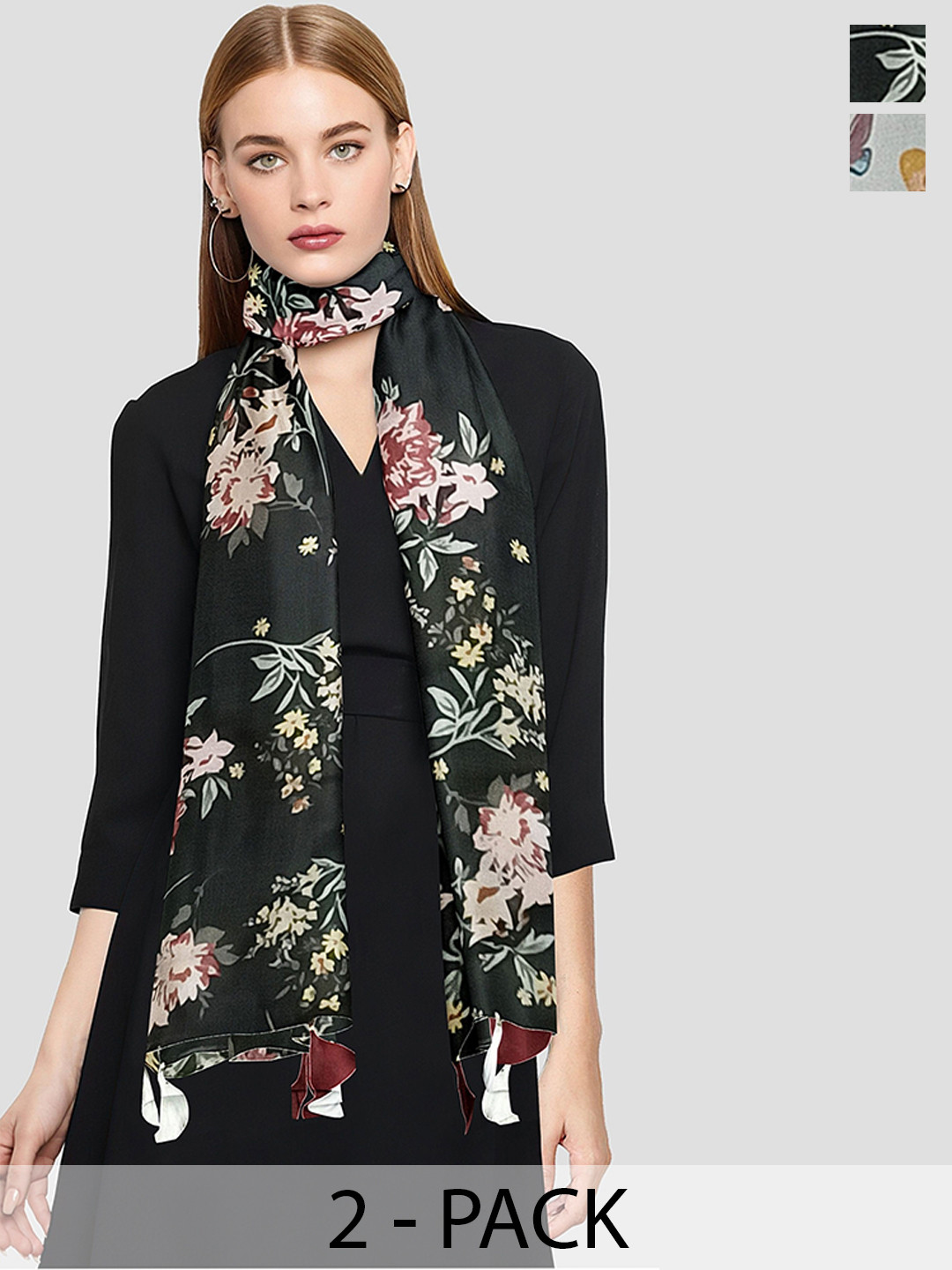 POSHAMPAA be desi Women Pack Of 2 Printed Scarf with Tasselled Border