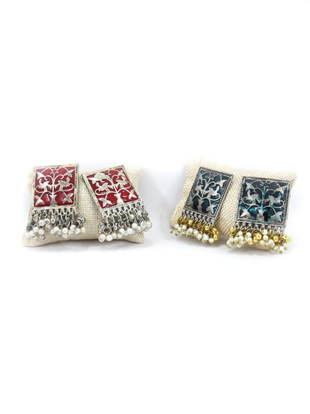 BEYTER Set Of 2 925 Sterling Silver Artificial Beaded Oxidised Square Studs