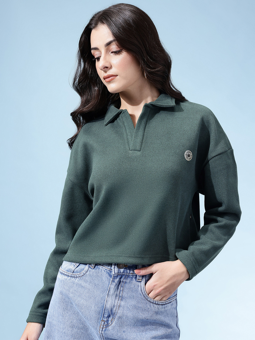 glitchez Applique Detail Shirt Collar Drop-Shoulder Sleeves Relaxed Fit Crop Sweatshirt