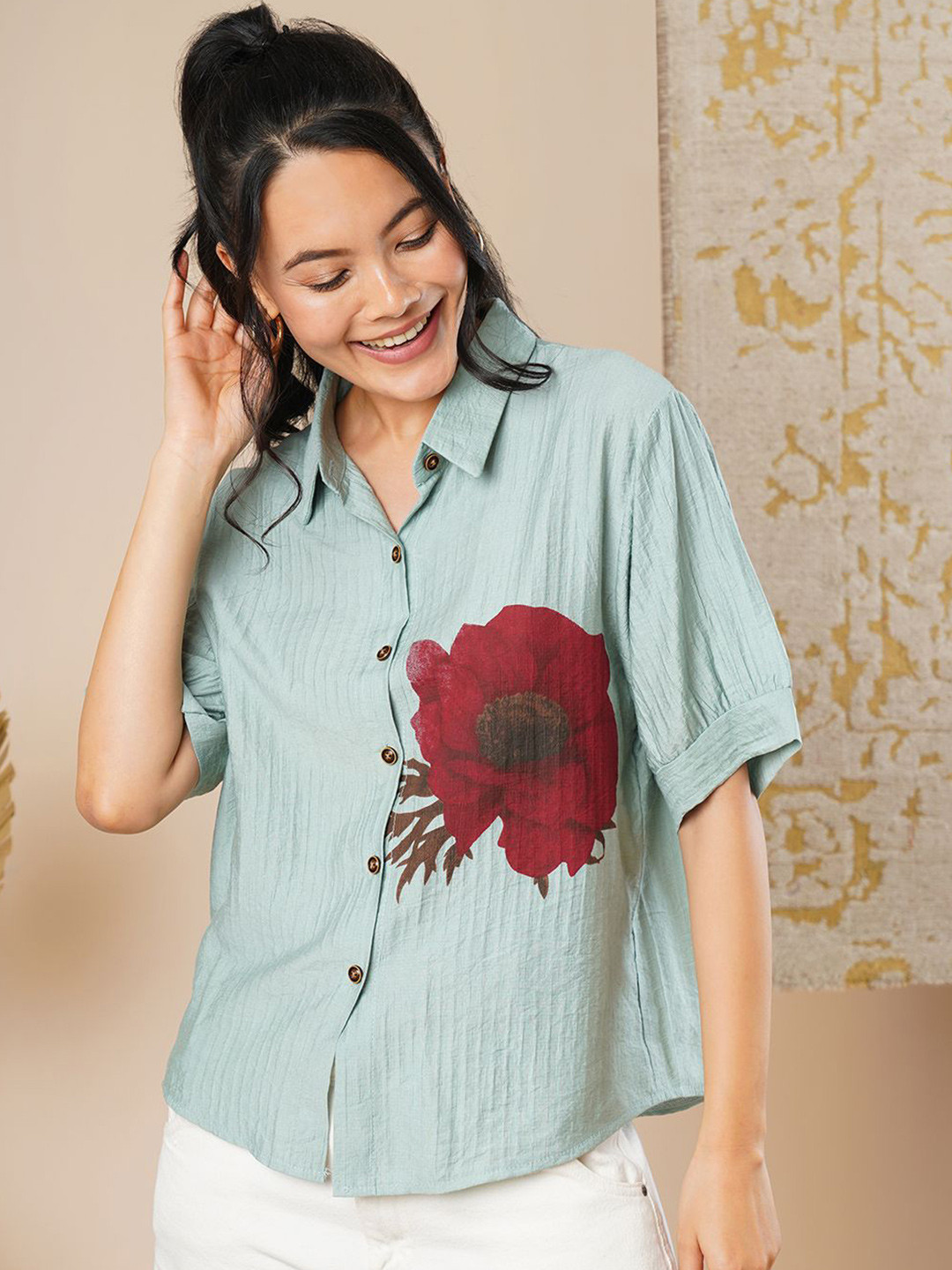 CARTYSHOP Women Comfort Fit Floral Printed Spread Collar Casual Shirt