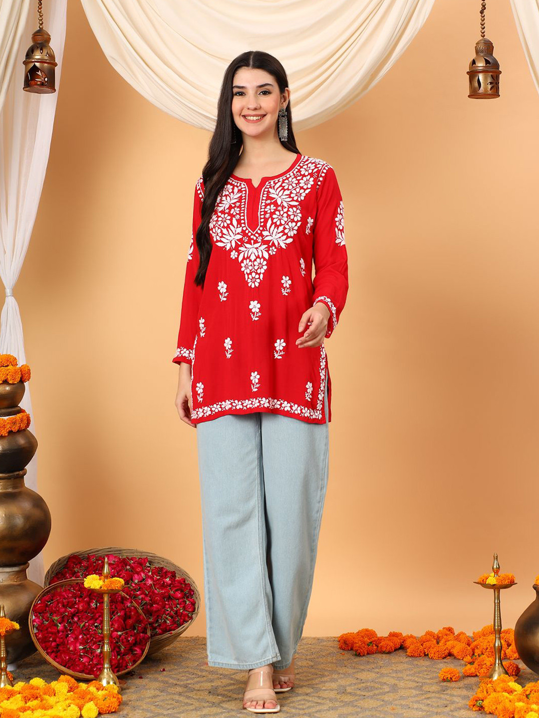 Poshak Chikan Studio Ethnic Motifs Floral Embroidered Chikankari Modal Short Kurti