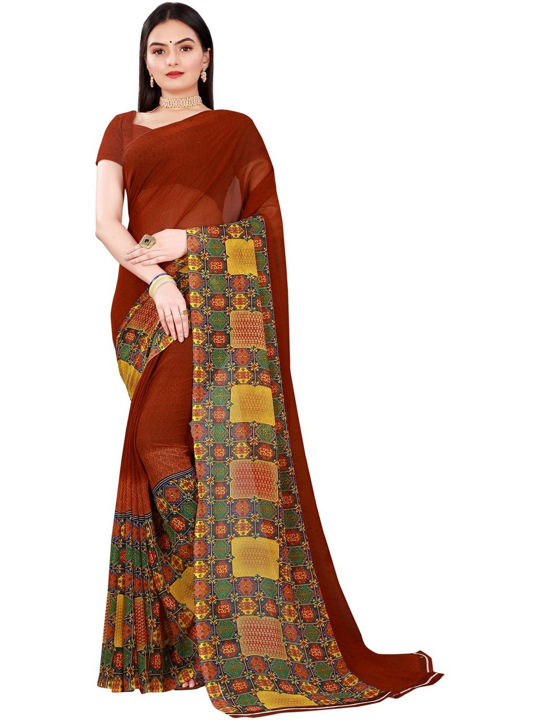 KALINI Geometric Printed Art Silk Saree With Blouse Piece