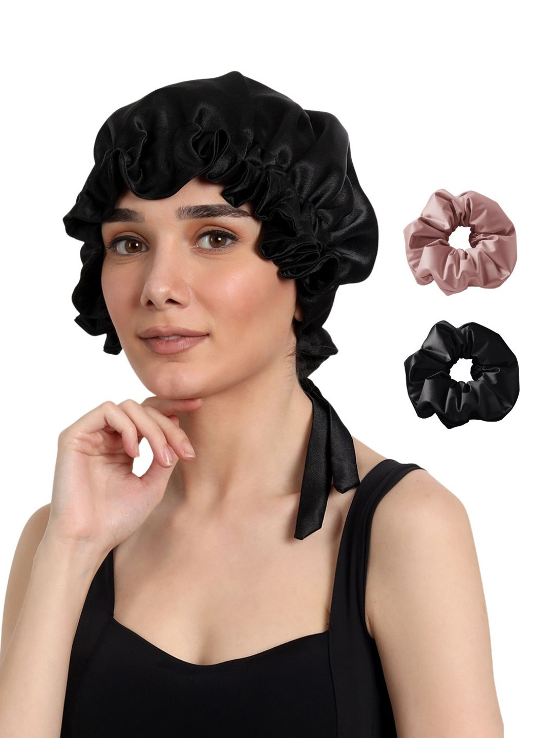 Mueras Women Satin Hair Bonnet & 2 Satin Scrunchies Combo Hair Accessories Set