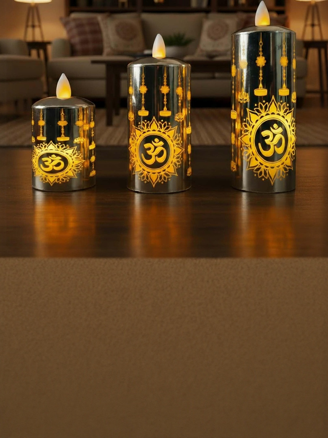 Go Hooked Pack of 3 Gold-Toned Acrylic LED Flameless Candles with Om Design