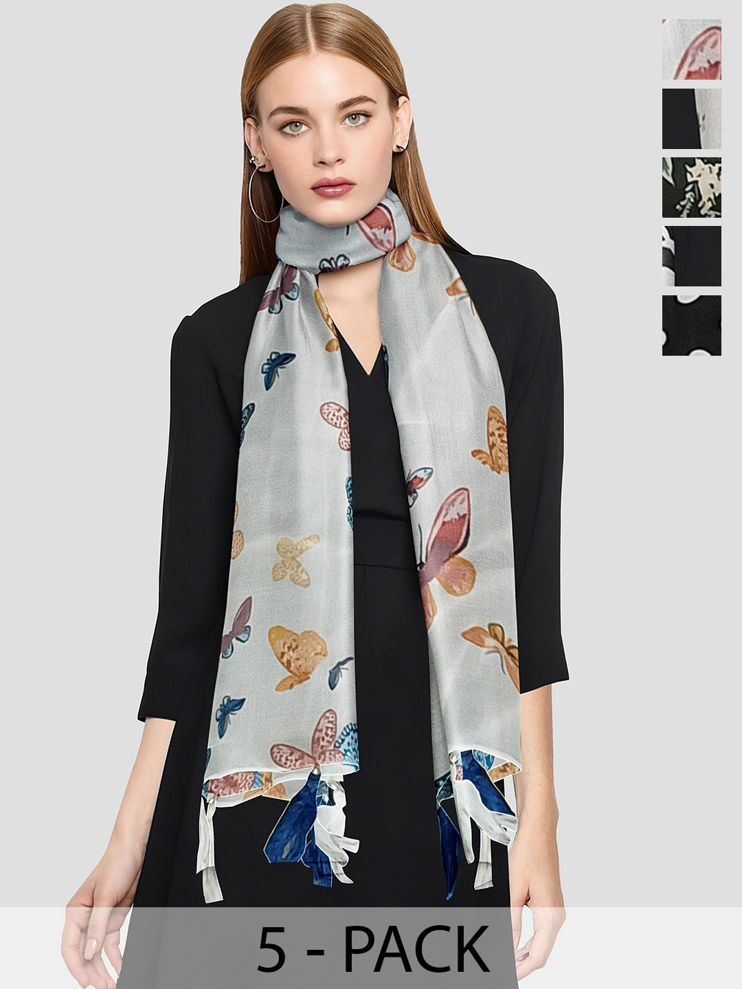 POSHAMPAA be desi Women Pack Of 5 Printed Scarf with Tasselles