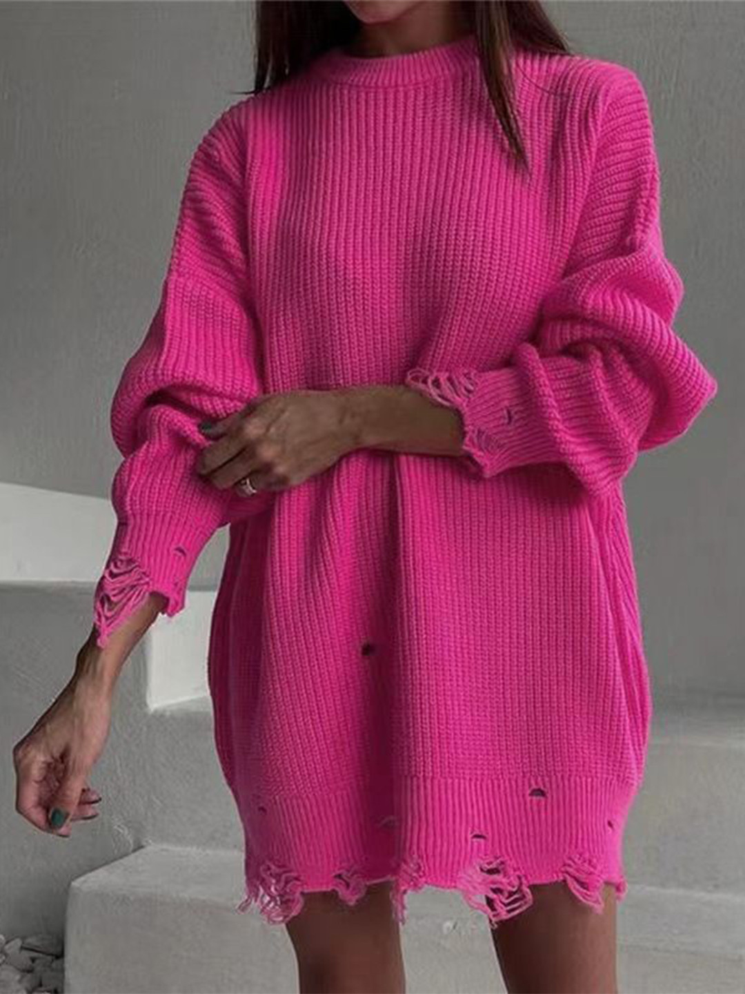 StyleCast Oversized Distressed Round Neck Pullover Sweater