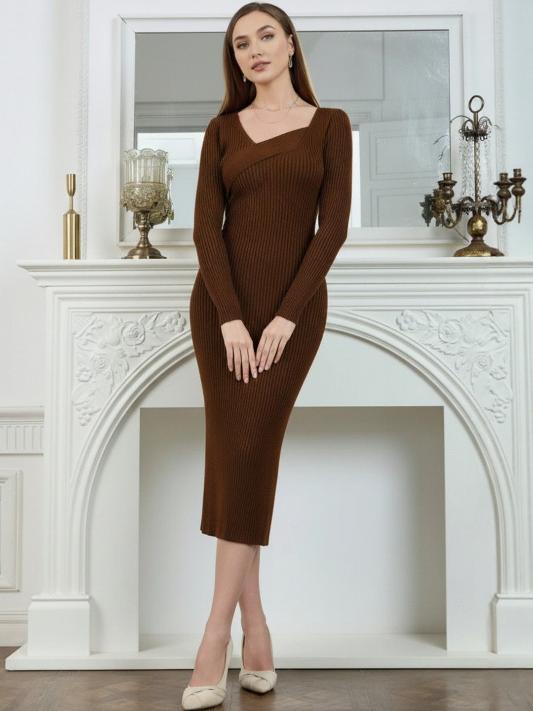 SZN Women Brown V-Neck Ribbed Knit Polyester Bodycon Dress