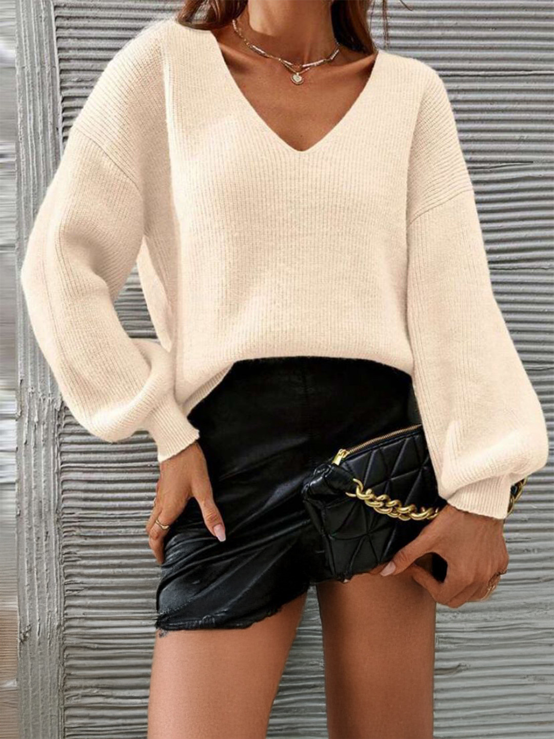 StyleCast Women V-Neck Balloon Sleeve Pullover Sweater