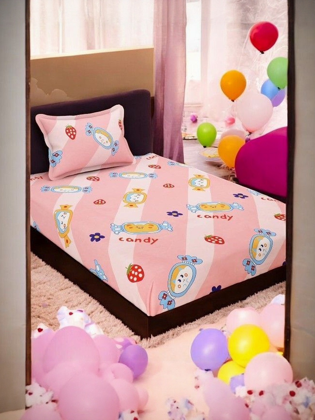 WELLNEST Pink Graphic Printed 110 TC Cotton Flat Single Bedsheets With 1 Pillow Covers