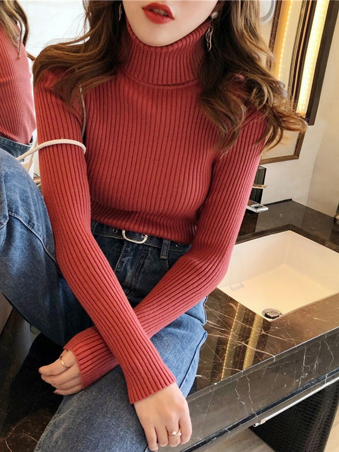HERE&NOW Women Red High Neck Long Sleeves Ribbed Polyester Top