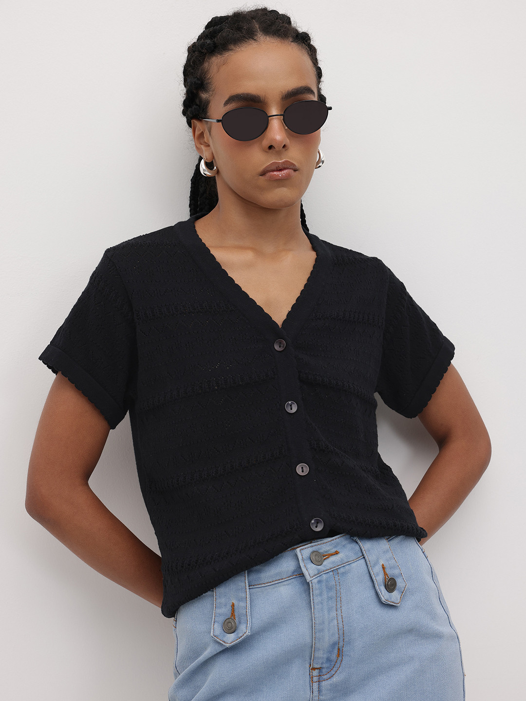 The Roadster Life Co. Open Knit Self Design Button Down Shirt Style Top