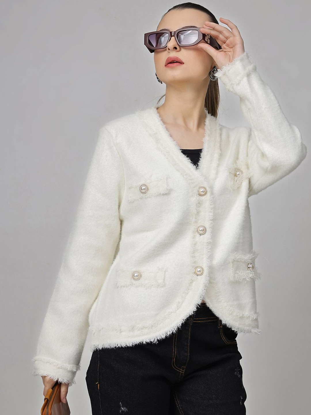 Mast & Harbour Women Self Design V-Neck Woollen Cardigan