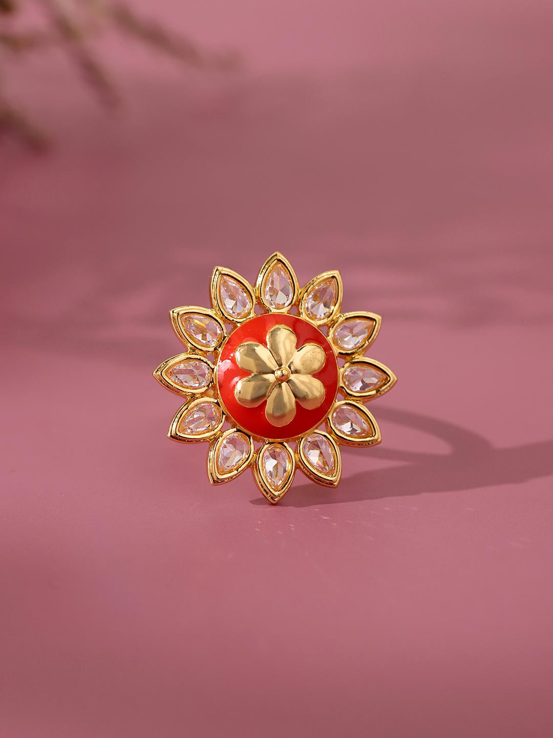 Voylla Gold-Plated American Diamond Stone-Studded Gota Patti Rang Mahal Finger Ring