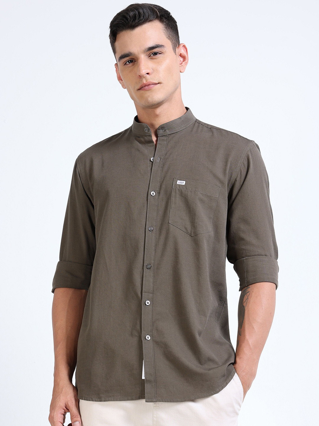 U.S. PITCHERS Men Standard Slim Fit Solid Mandarin Collar Casual Shirt