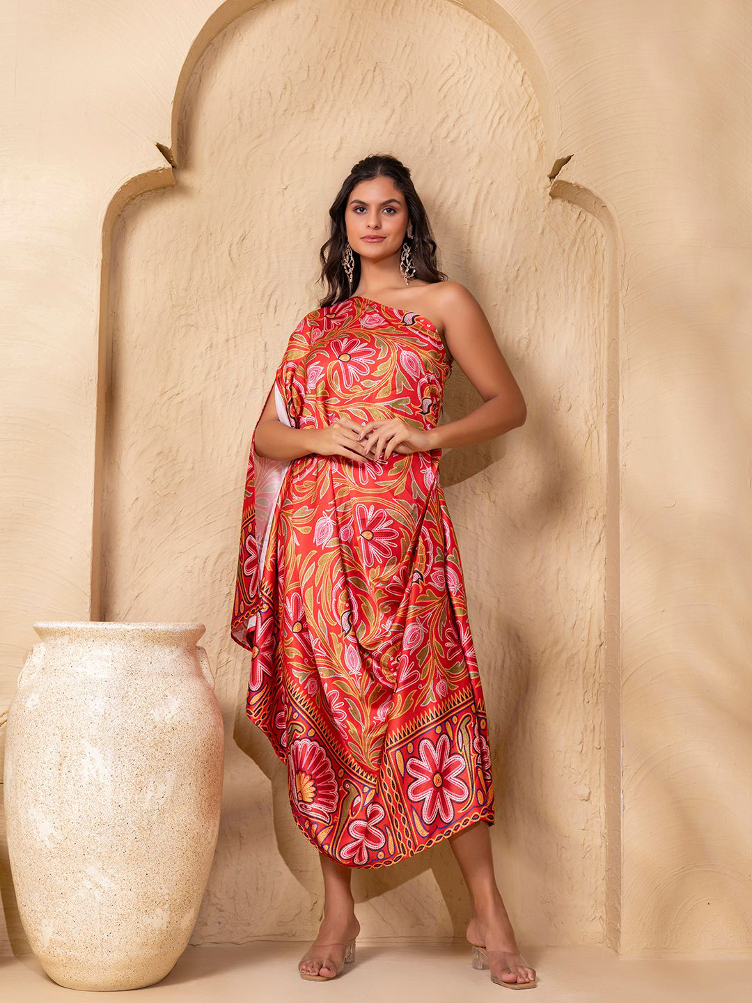 MABISH by Sonal Jain Women Floral Printed One shoulder Satin Kaftan Midi Dress