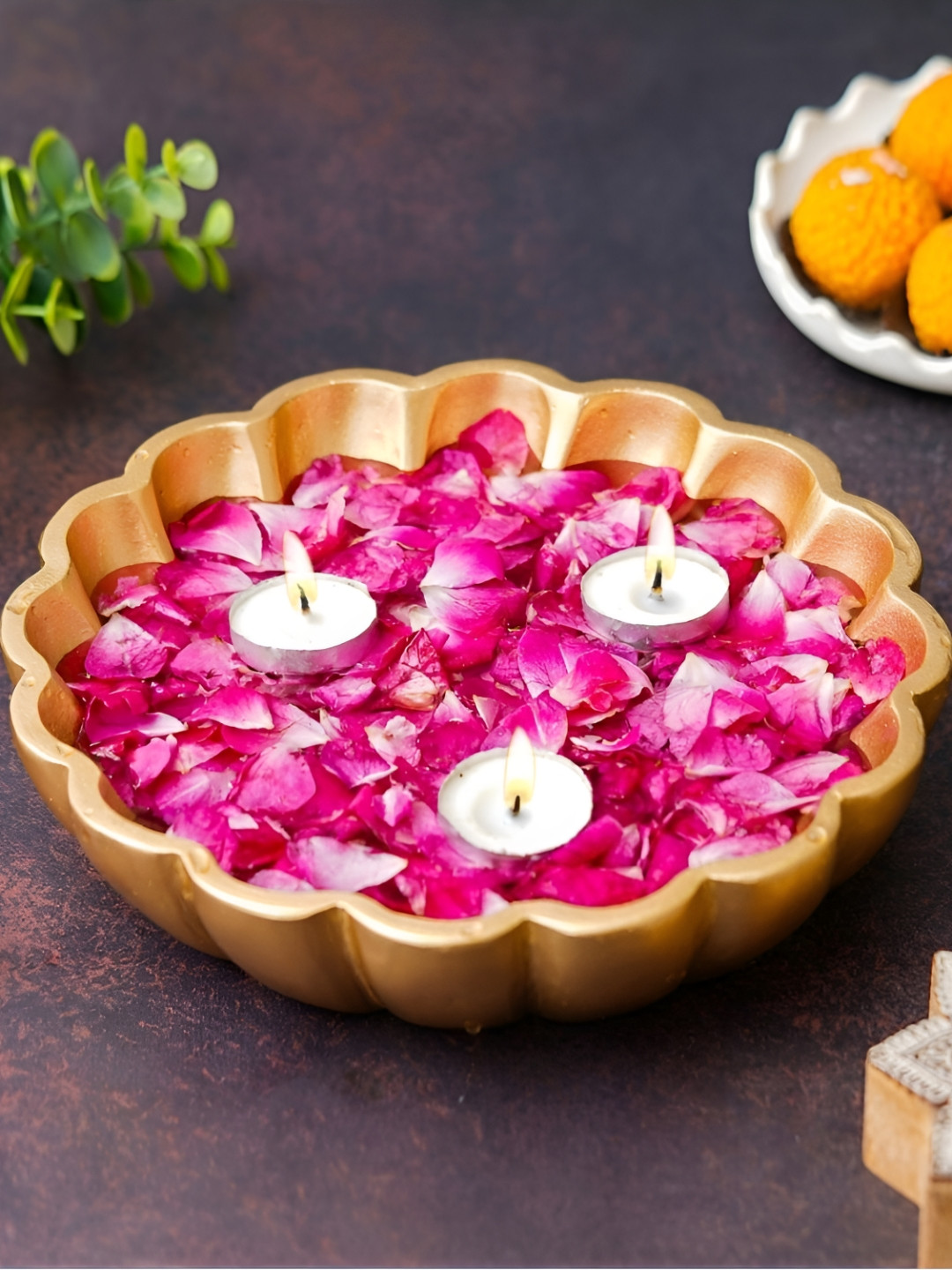 eCraftIndia Yellow Flower Urli Decorative Bowl With Candle Holder