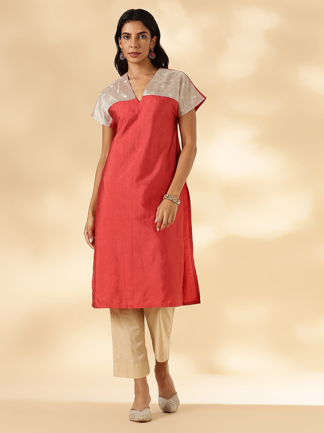 Abhishti Women Rust Orange Drop-Shoulder Kurta with Contrast Tissue Yoke