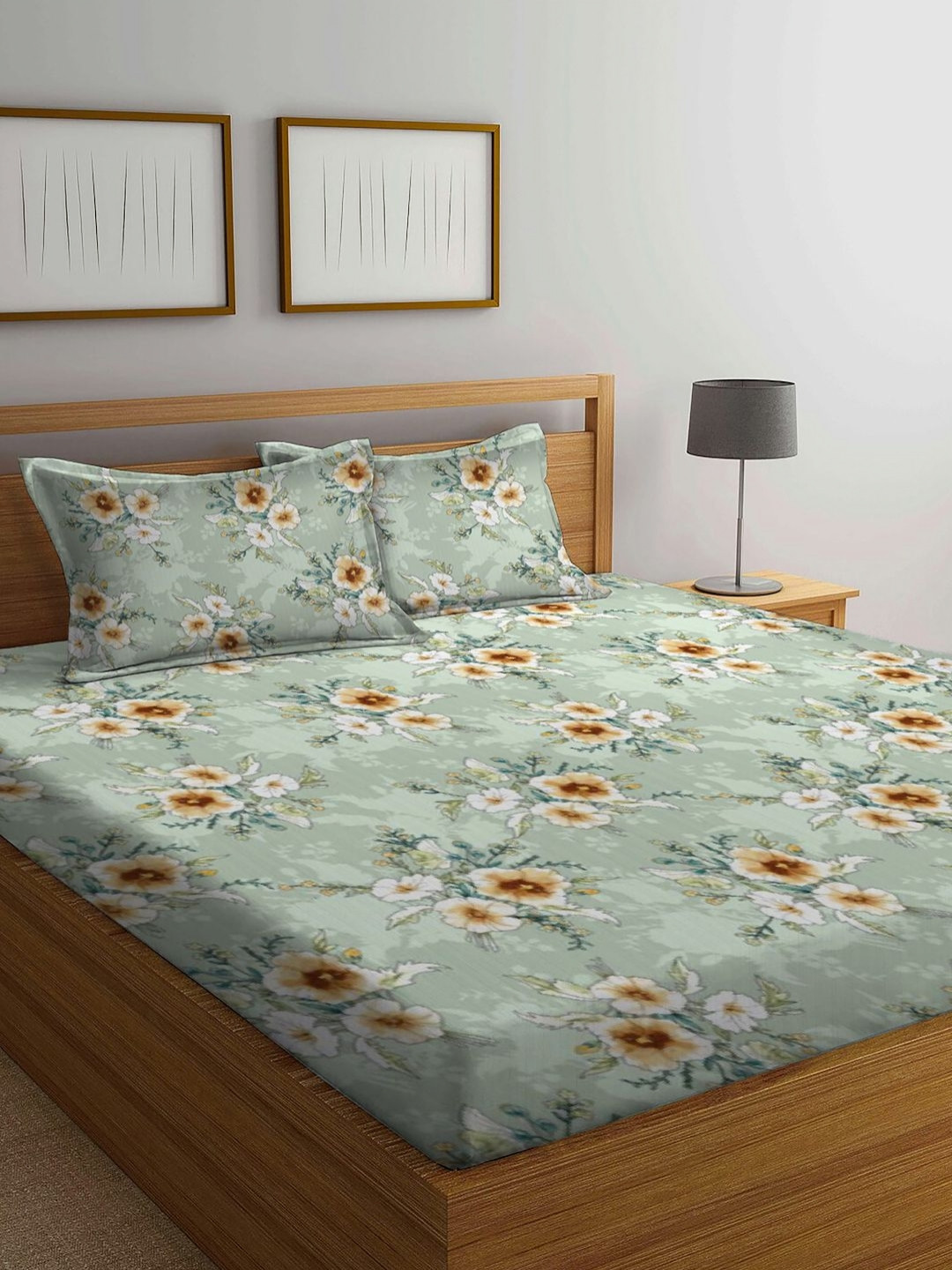 BOMBAY DYEING Olive Green & Orange Floral Printed 120 TC Bedsheet Set 2.74 m x 2.74 m