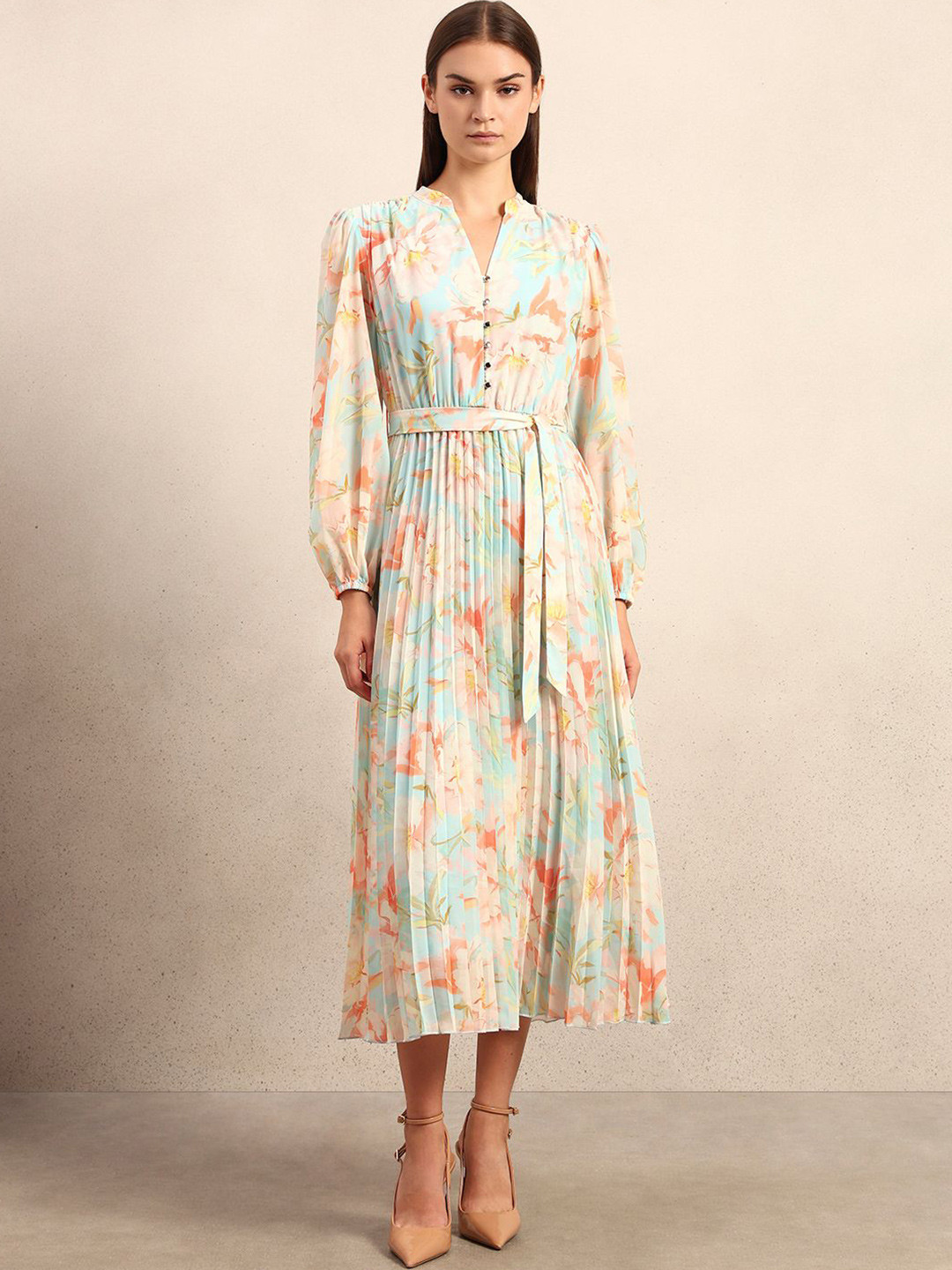 Vero Moda Women XS Floral Printed Puff Sleeves Accordion Pleats A-Line Midi Dress