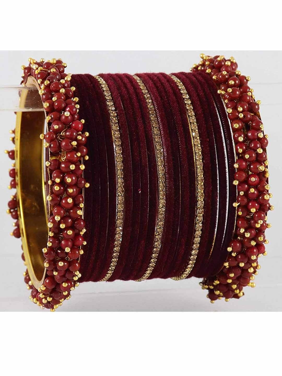 NMII Set Of 42 Velevt Zircon Studded & Pearls Beaded Bangles