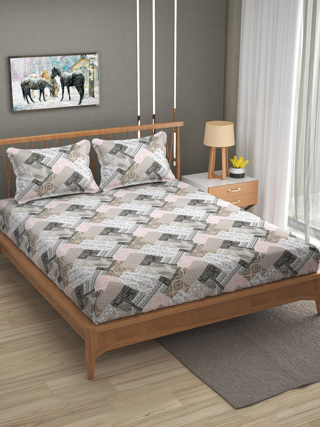 FURNOFY Multicoloured Polycotton Bedsheet 130 GSM with 2 Pillow Covers