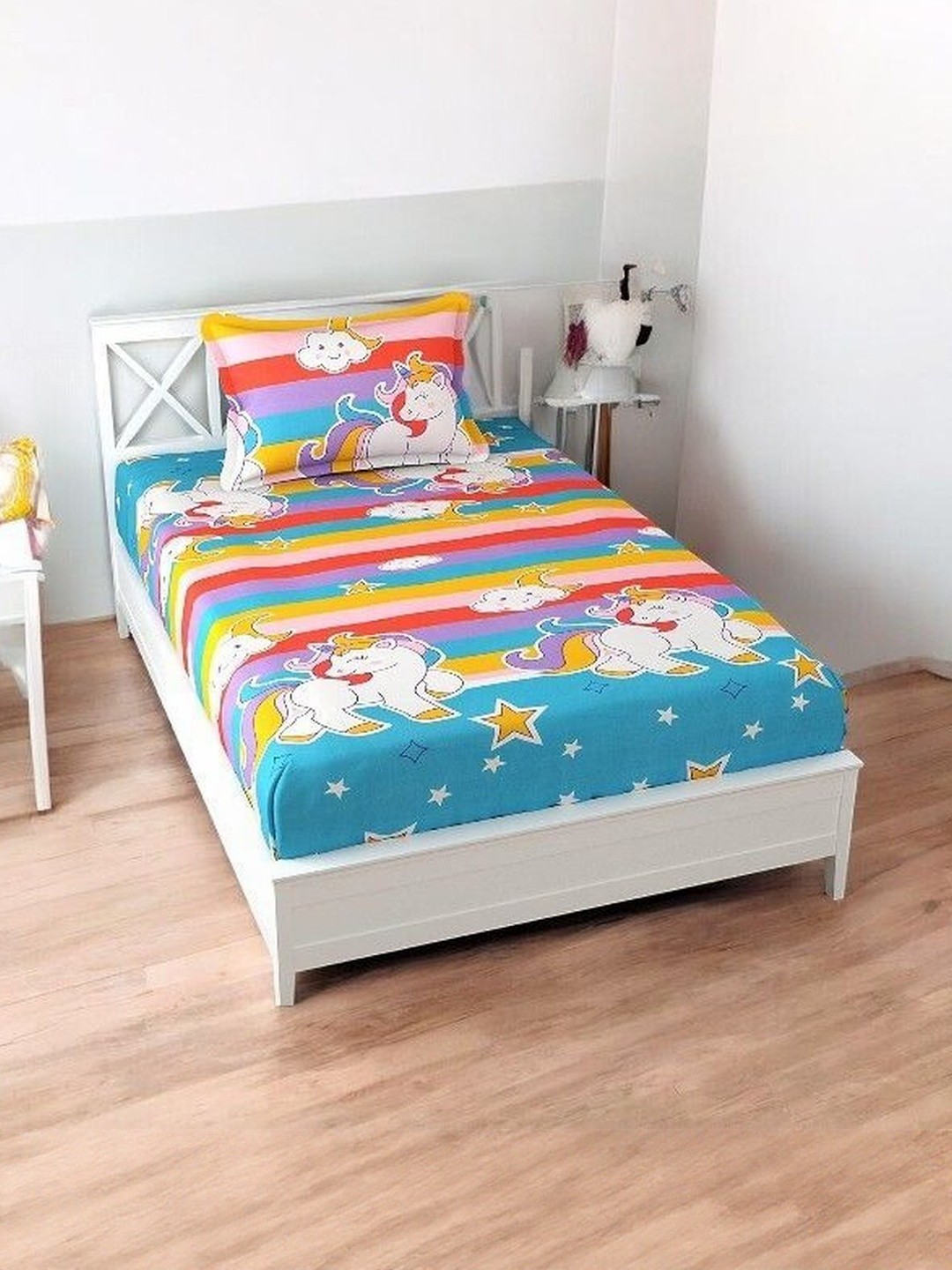 WELLNEST Blue Cotton Fitted Single Bedsheets & 1 Pillow Covers