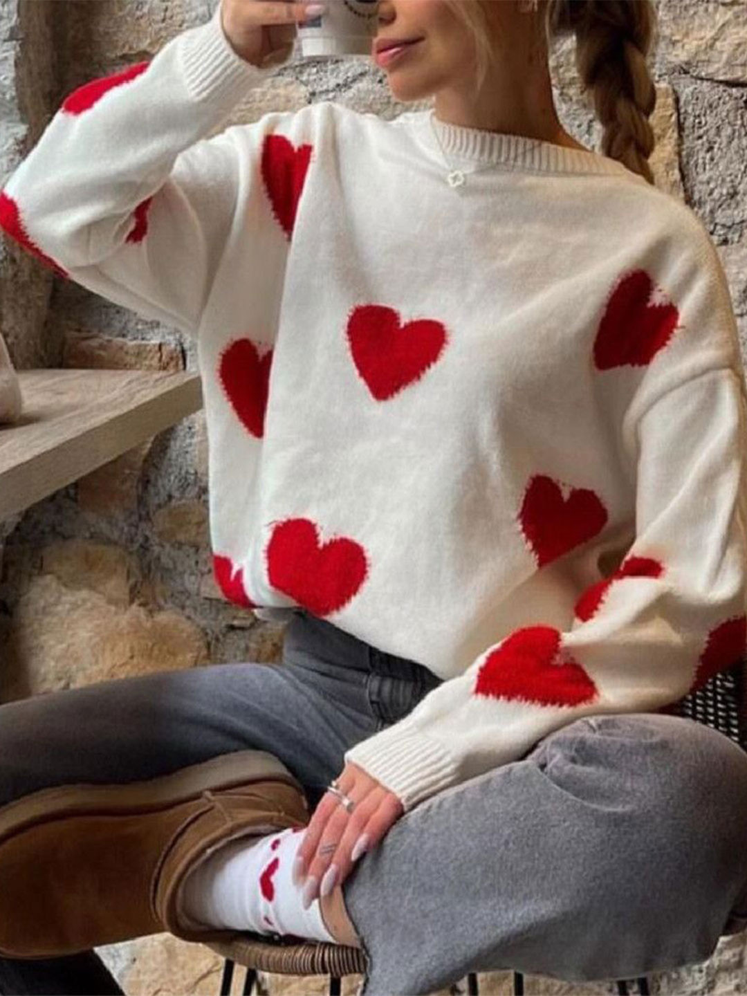 StyleCast Women Heart-Pattern Round Neck Long Sleeves Pullover