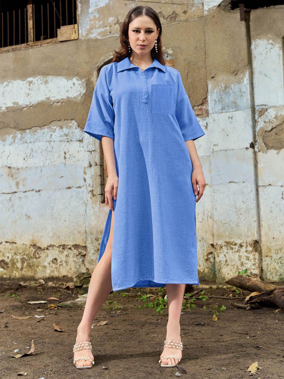 PURVAJA Linen & Loom Women Side Slits Linen Shirt Midi Dress
