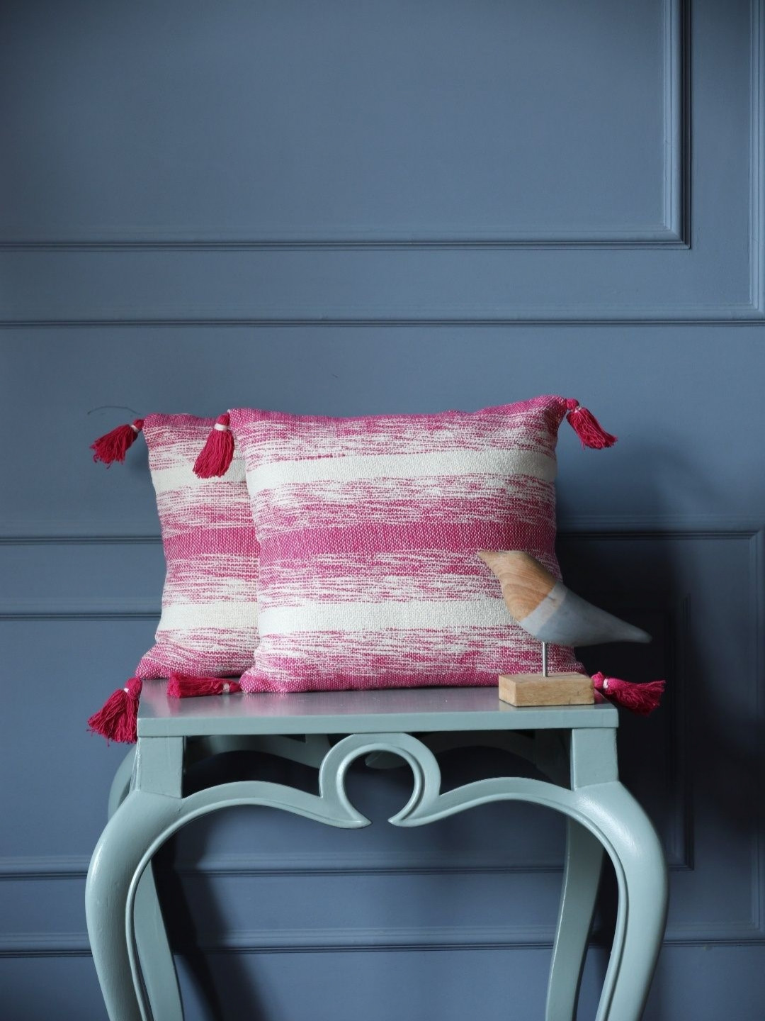 Revive Home Pink And White 2 Peices Self Design Square Shaped Cotton Cushion Covers