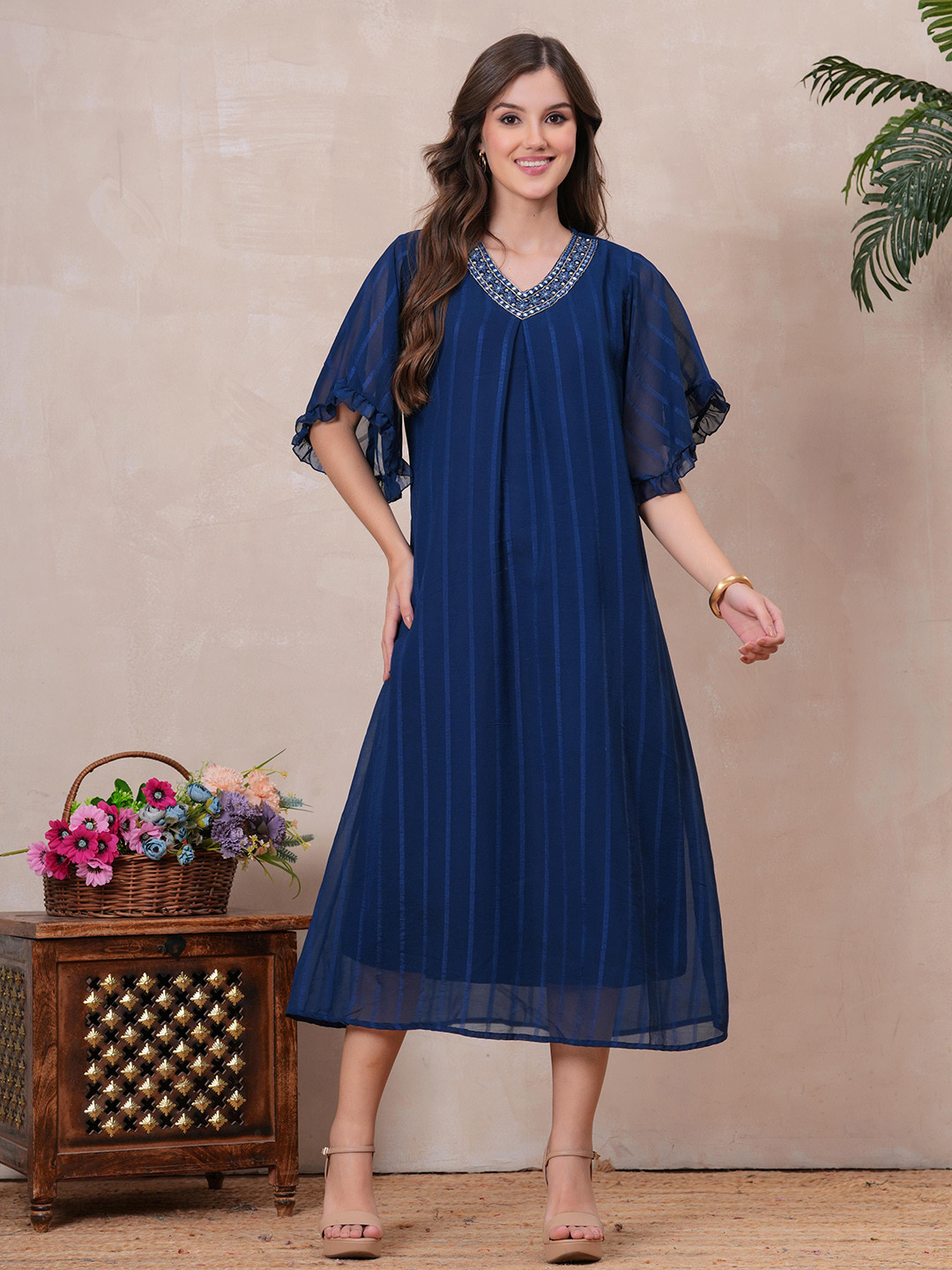 HIGHLIGHT FASHION EXPORT Striped Ruffle Detail Flared Sleeve Georgette A-Line Midi Dress