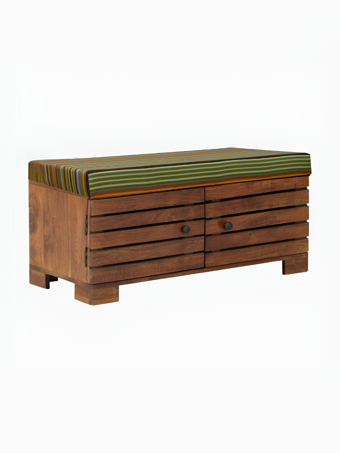 GLOBALLY INDIAN Liliana Brown & Green Striped Honey Oak Finish Wooded 4 Tier Shoe Stand