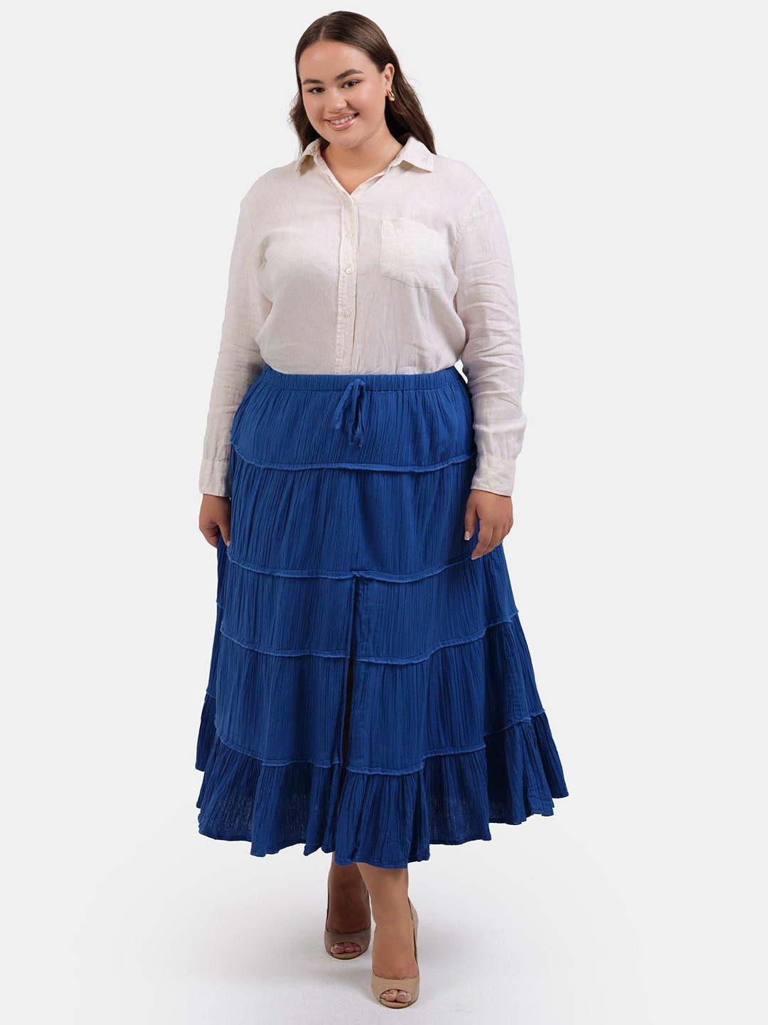 Virgio Pure Cotton Maxi Plus Size Opaque Tiered Skirt