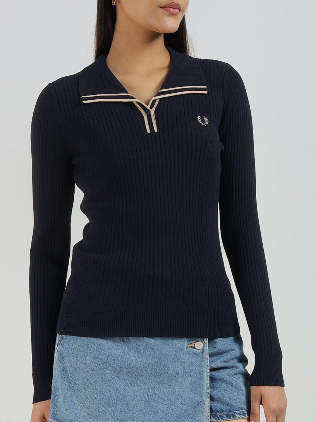 Fred Perry Women Ribbed Knitted Polo Collar T-Shirt