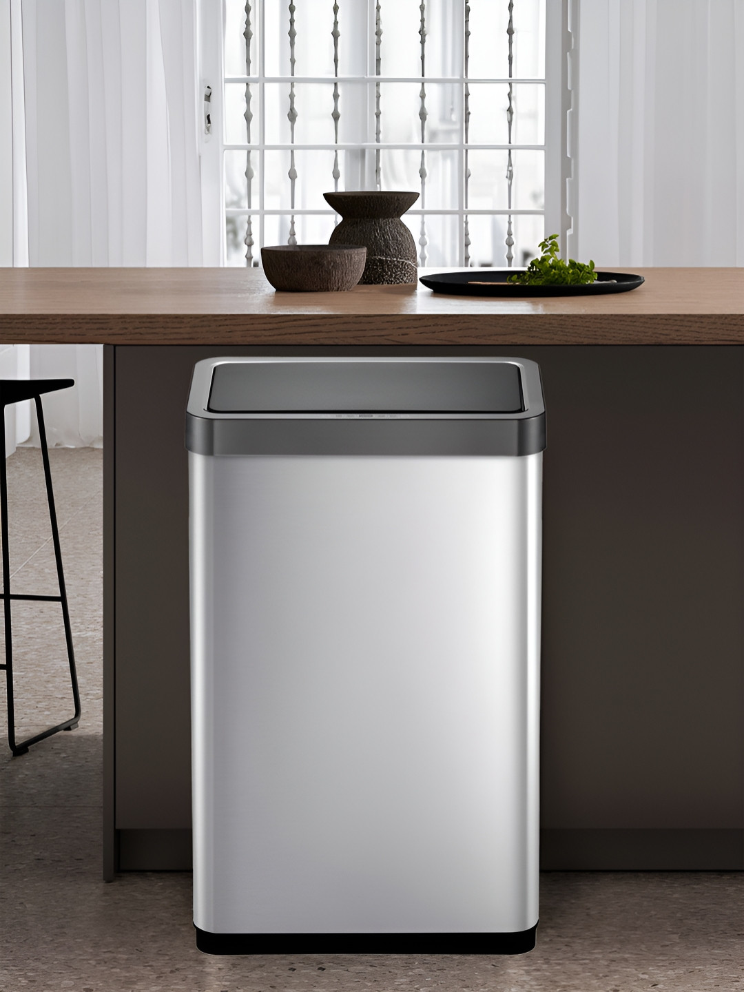 OBSESSIONS Grey & Black Stainless Steel Automatic Sensor Step Trash Square Dustbins - 80 L