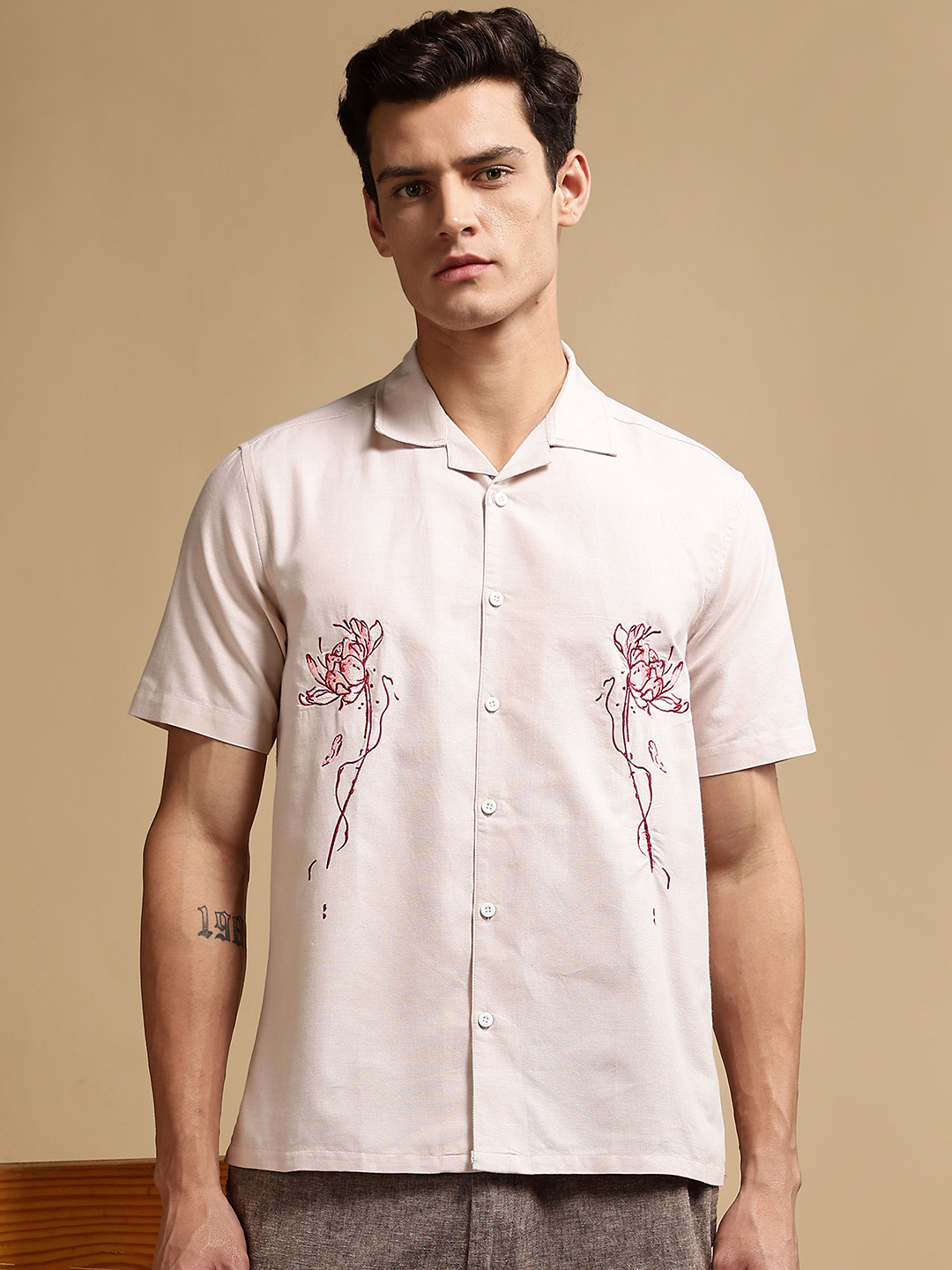 Eszett Flowers Floral Printed Cuban Collar Cotton Shirt