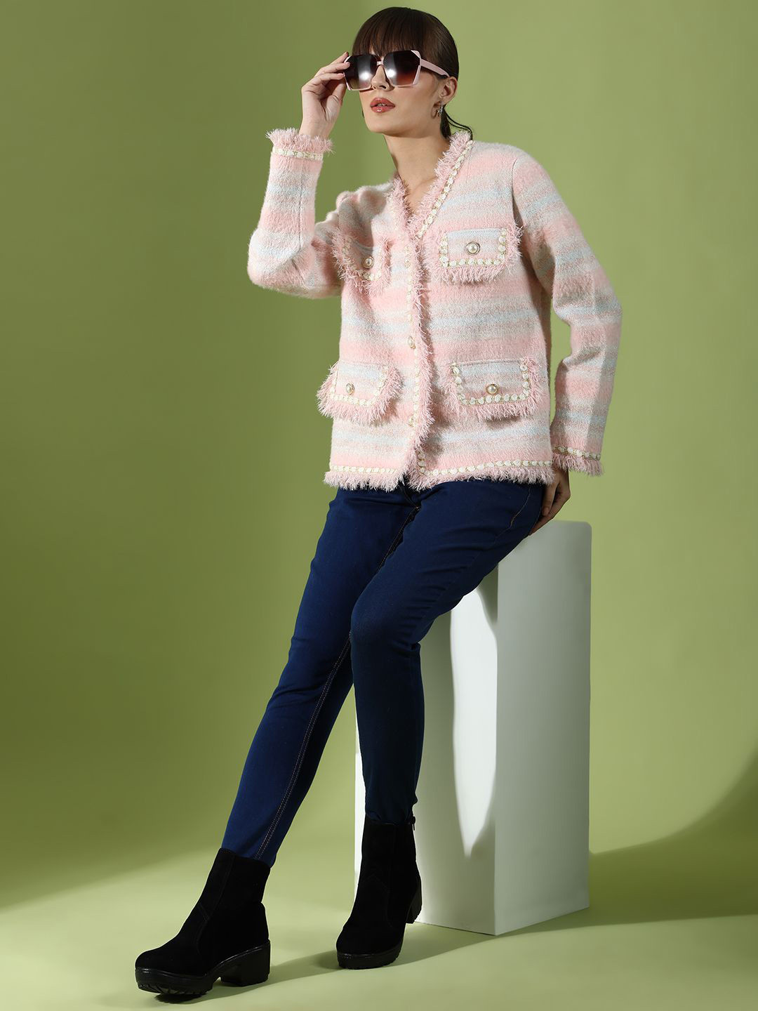 Mast & Harbour Striped Woollen Cardigan with Pockets Detail