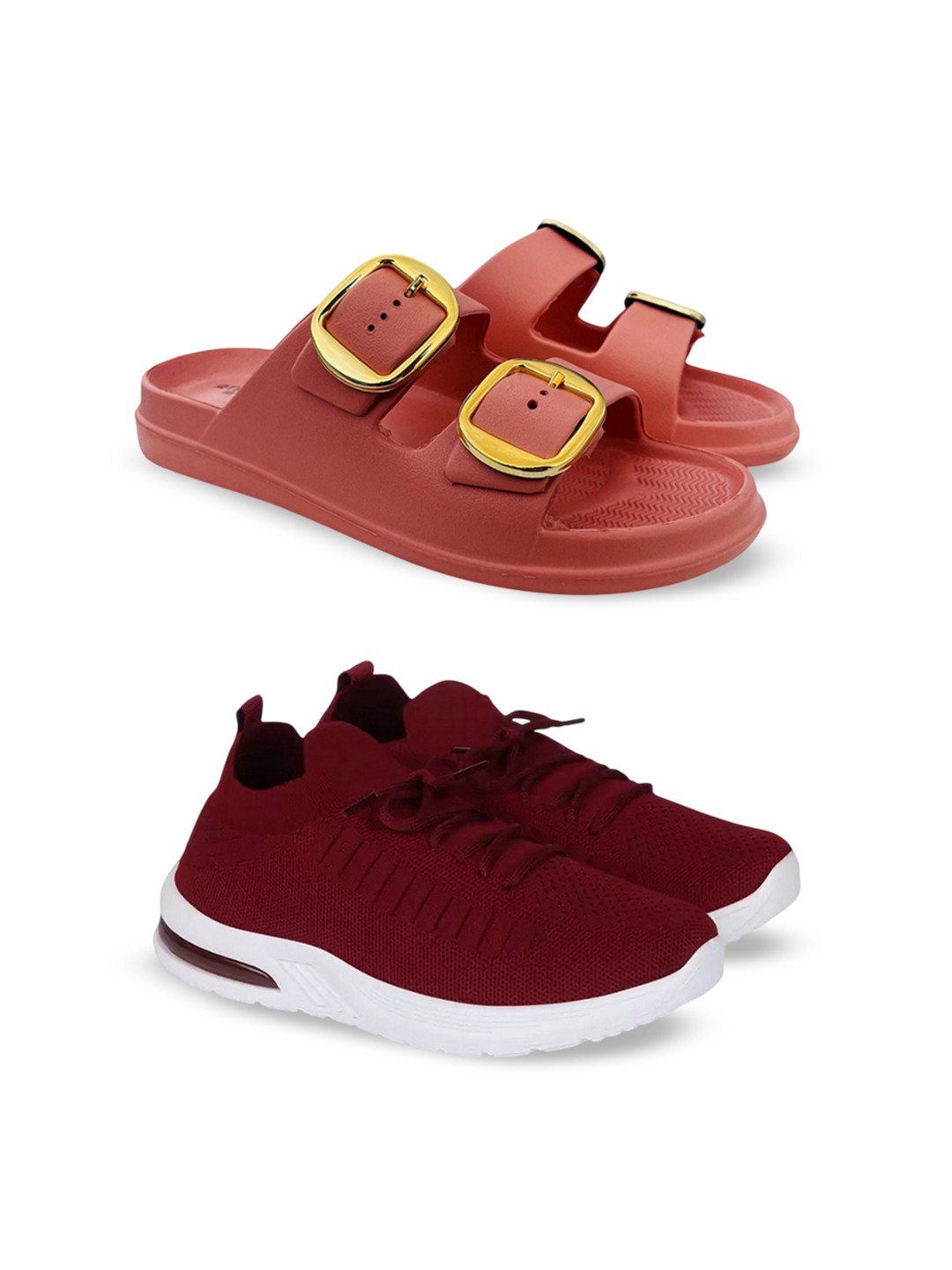 FABBMATE Women Set Of 2 Pair Textured Sneakers & Flip Flops