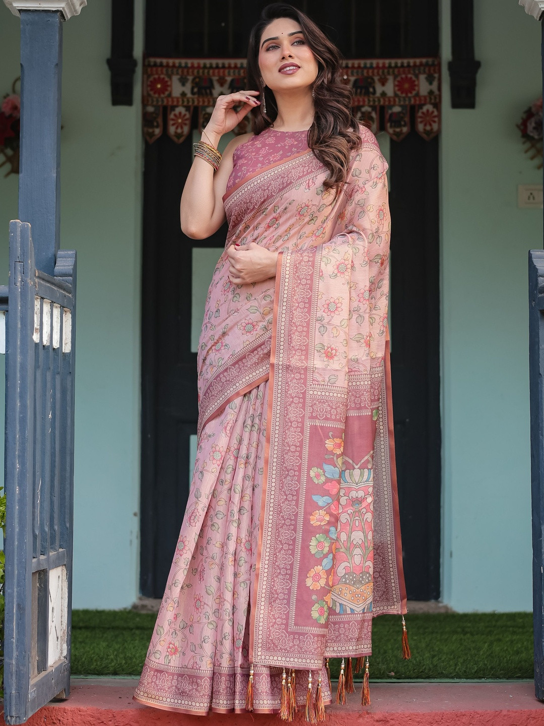 VISVASTA Women Floral Printed Zari Pure Linen Block Print Saree with a Blouse piece