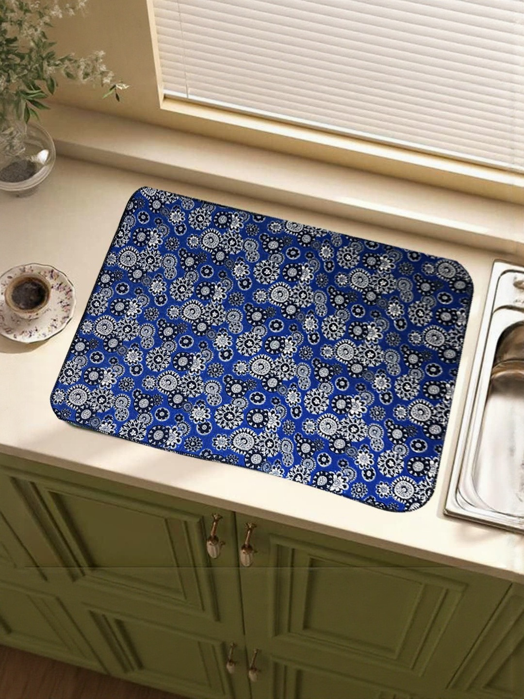 LaVichitra Pack Of 1 Blue & Grey Floral Rectangular Table Placemats