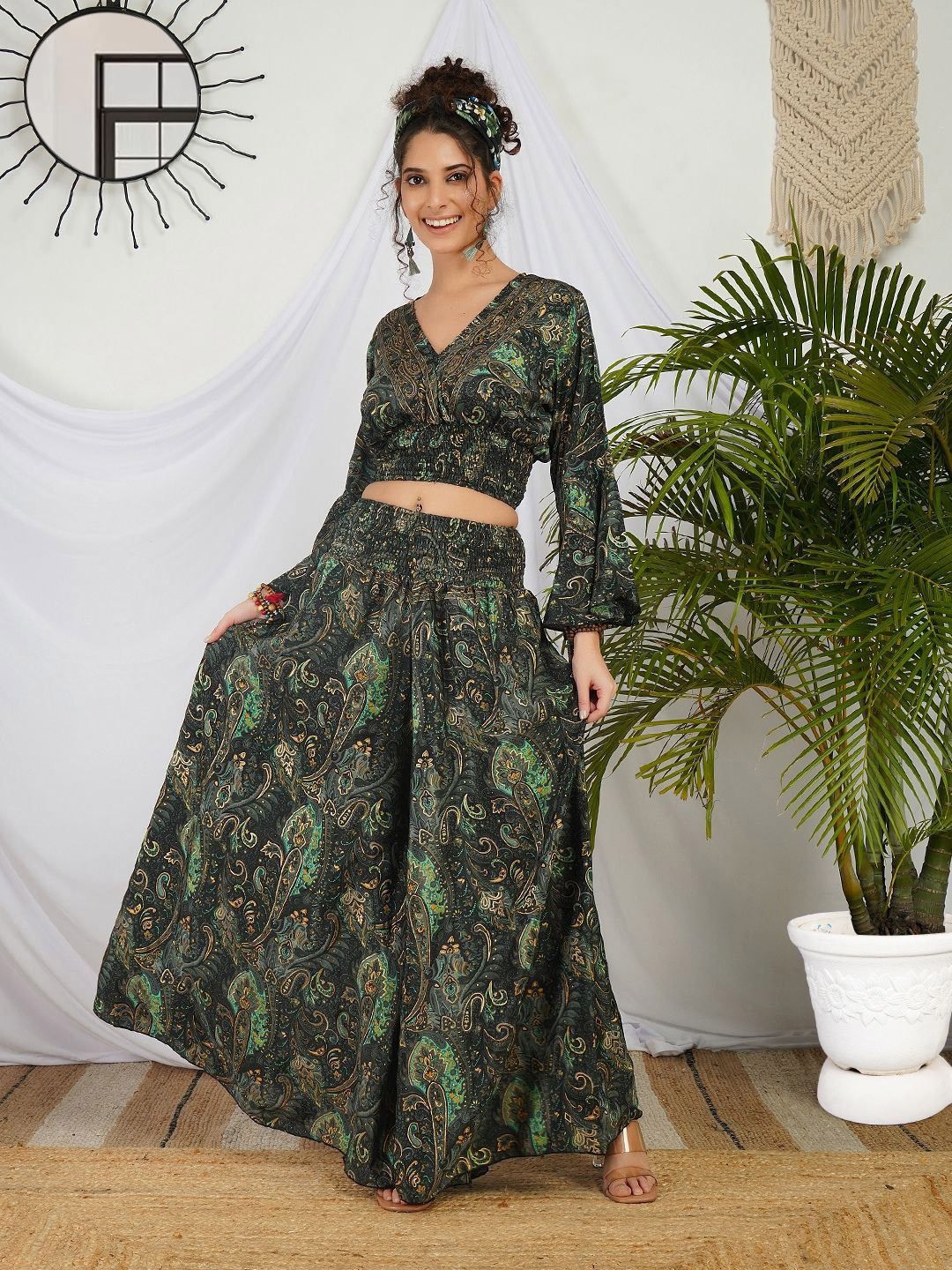 Boholyfe Aurora Onyx Printed V-Neck Top With Palazzo Co-Ords