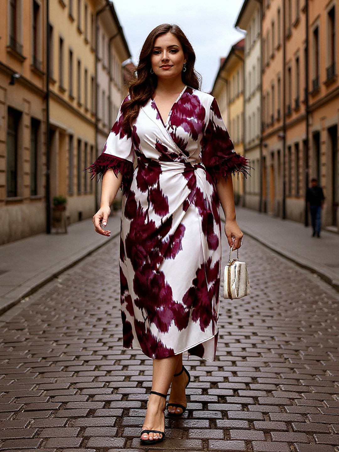DressBerry Curve Floral Printed V-Neck Fringed Casual Wrap Midi Dress