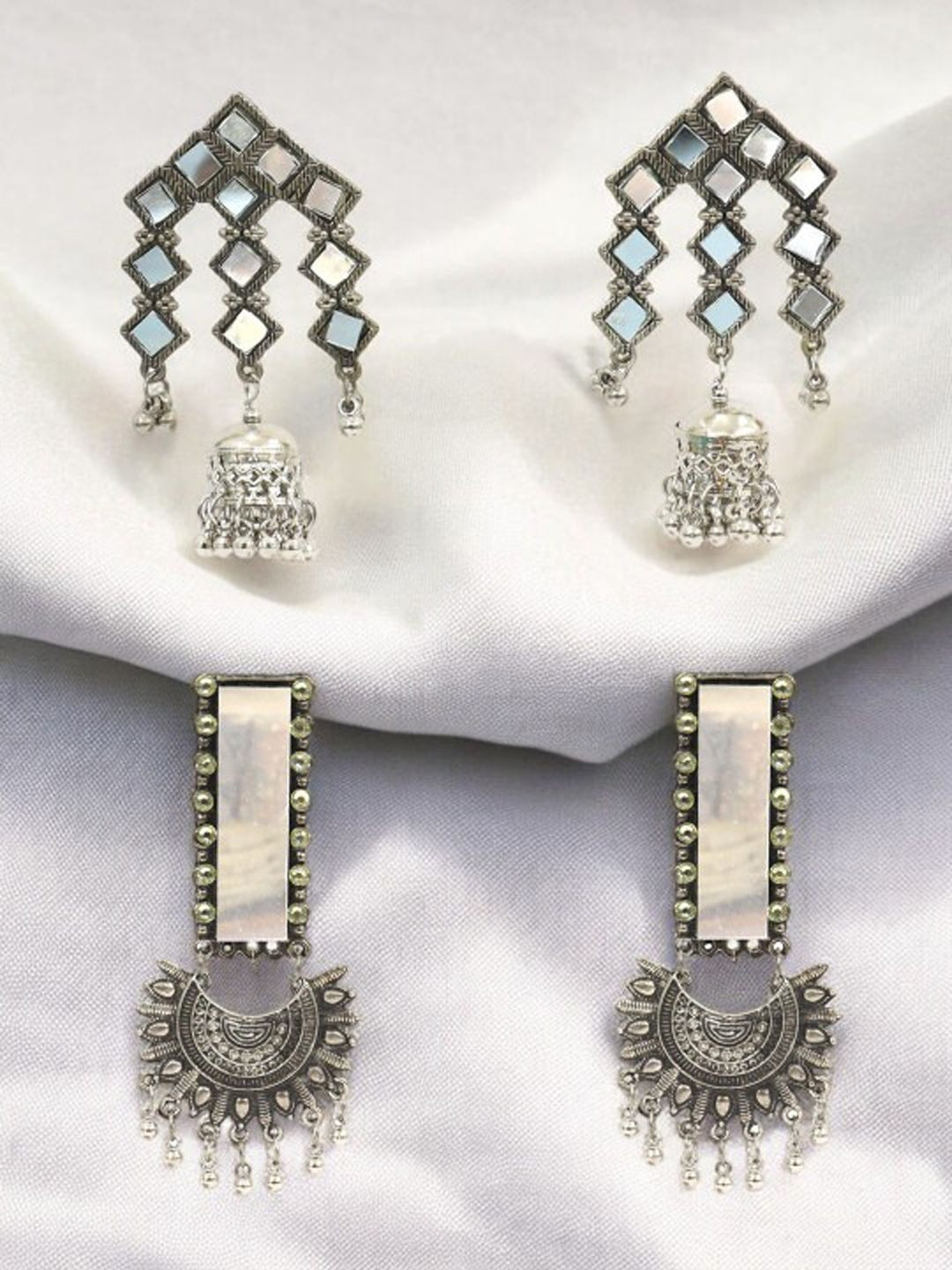 BEYTER Set Of 2 925 Sterling Silver Artificial Stones Studded & Beaded Dome Shaped Jhumkas