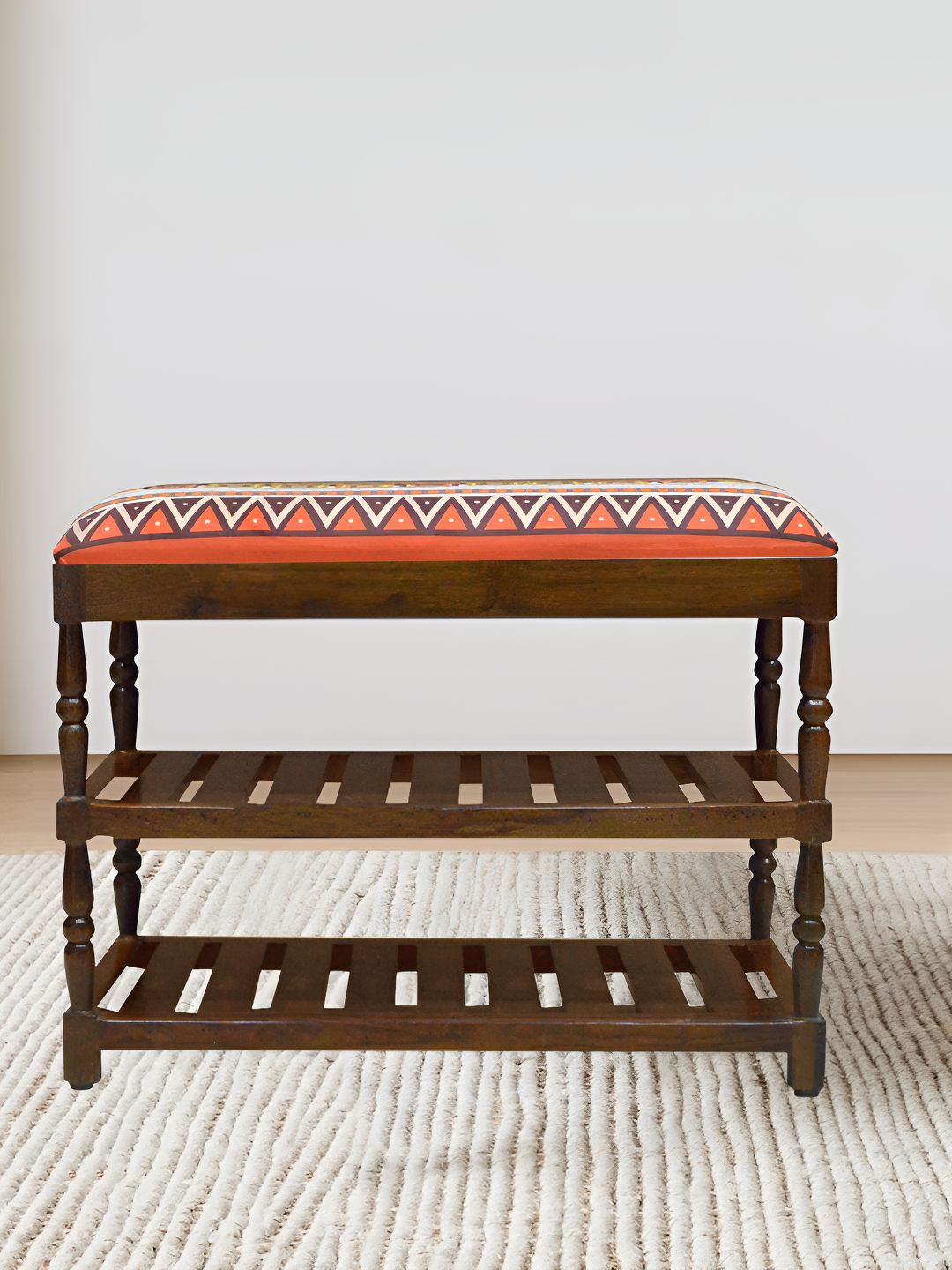 GLOBALLY INDIAN Amber Brown And Orange Printed Wooded 2 Tier Shoe Stand
