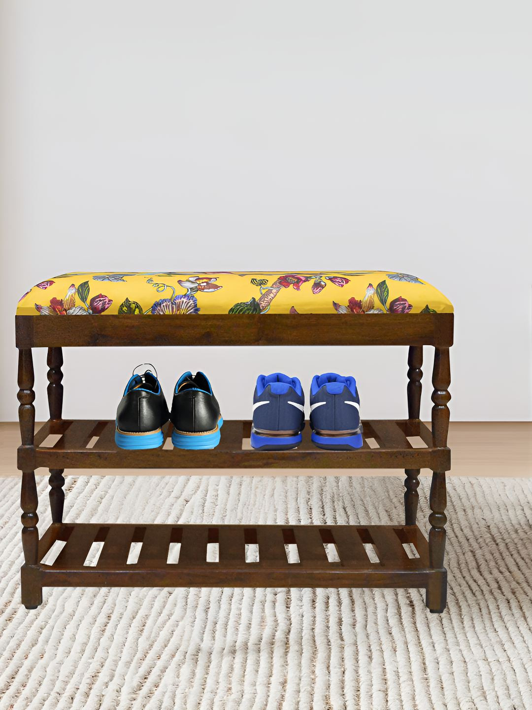 GLOBALLY INDIAN Amber Brown & Yellow Printed Wooden 2 Tier Shoe Stand