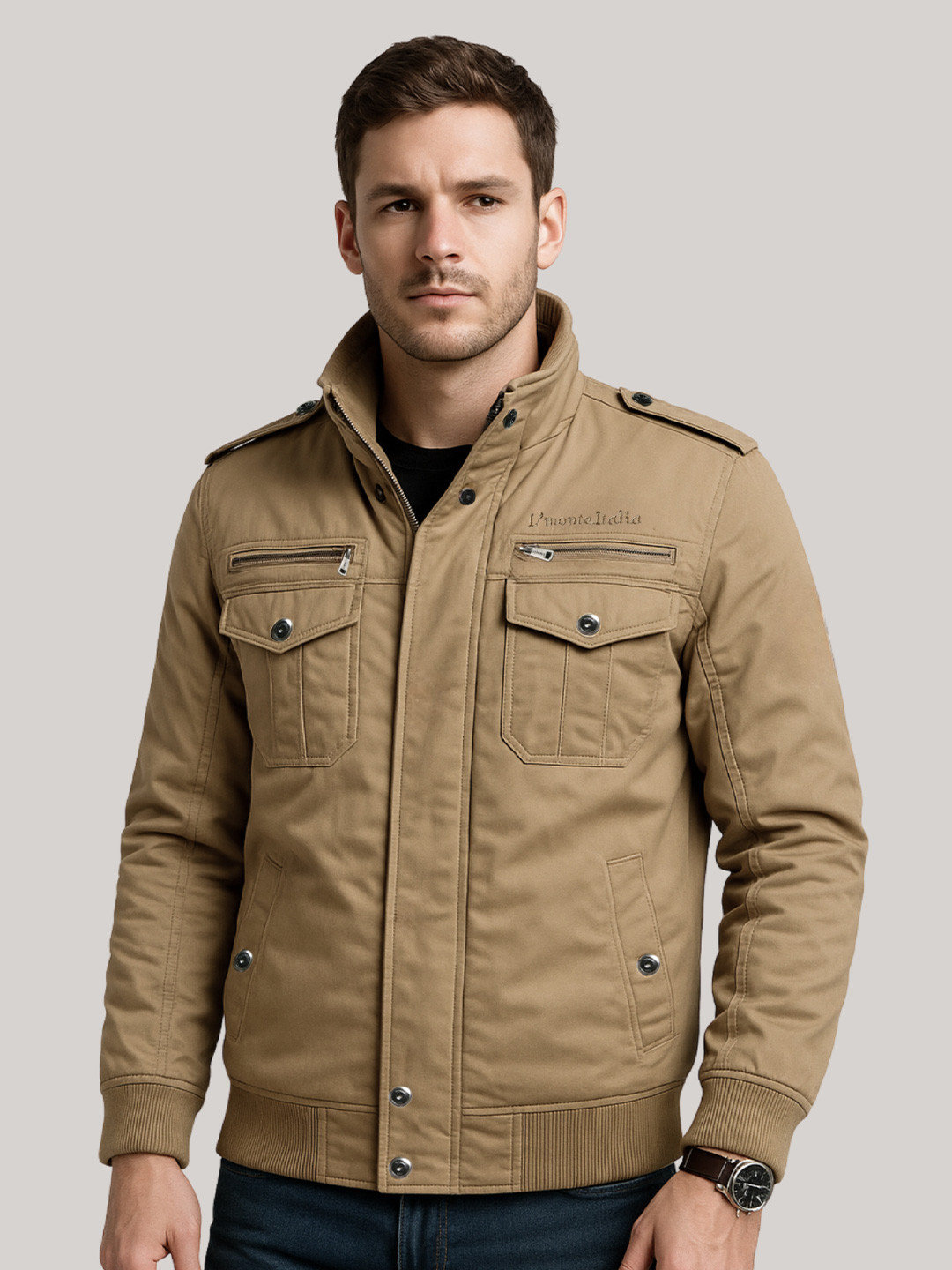 L'monte Men Solid Insulated Outdoor Bomber Jacket with Fur Lining