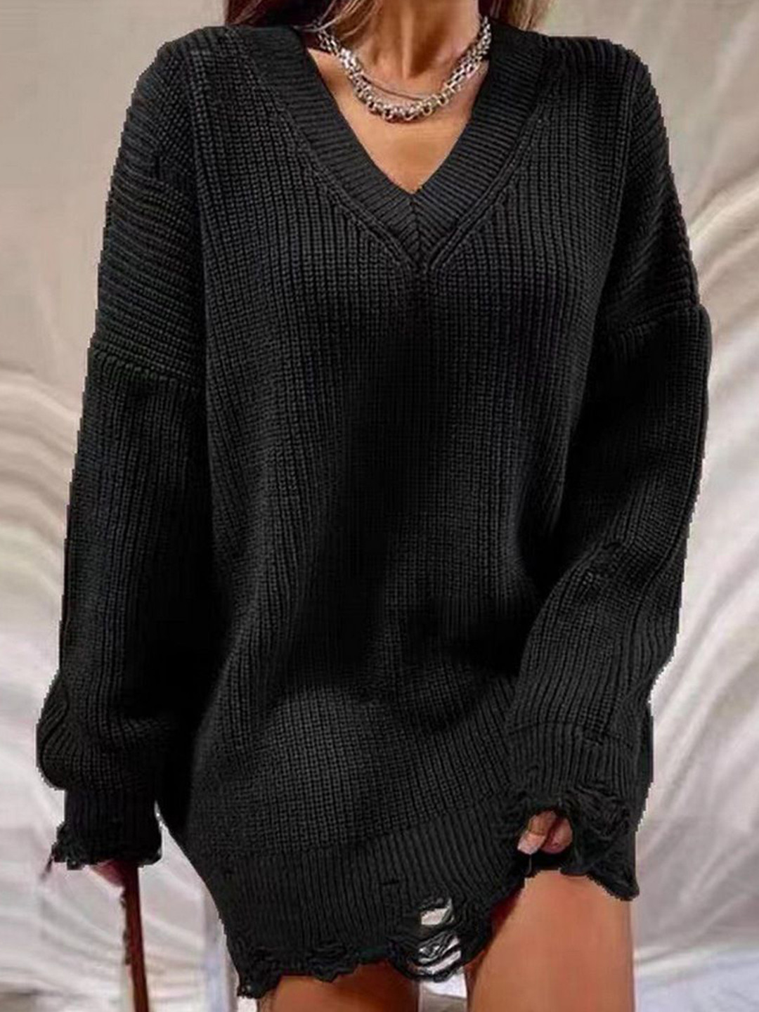 StyleCast Women Oversized Distressed V-Neck  Sweater